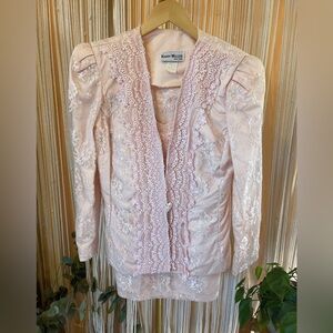 Vintage 1980s Karen Miller 3 piece skirt suit pale pink lace overlay brocade